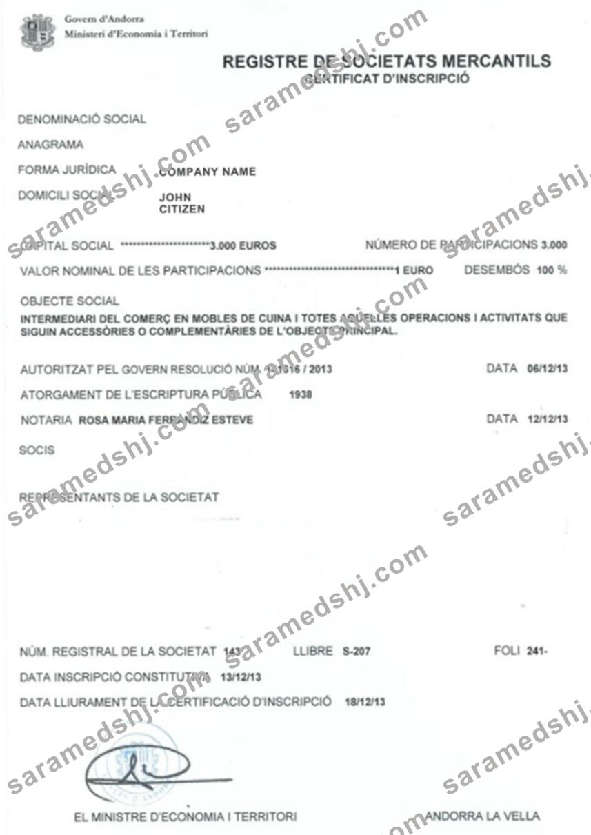 Andorra Business Registration Certificate